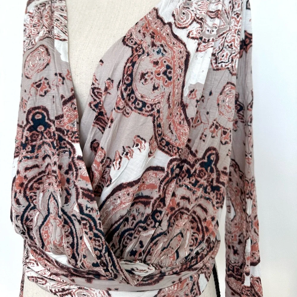 Free People Fiona Paisley Faux Wrap Top Boho Bell Sleeve Surplice Blouse Size M